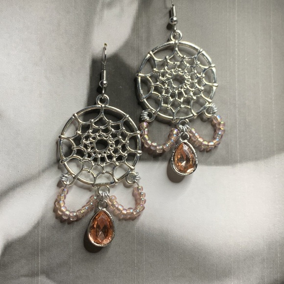 Pink Tear Drop Dangling From Dream Catcher Tibetan Boho Chandelier Style Earring - Picture 4 of 16